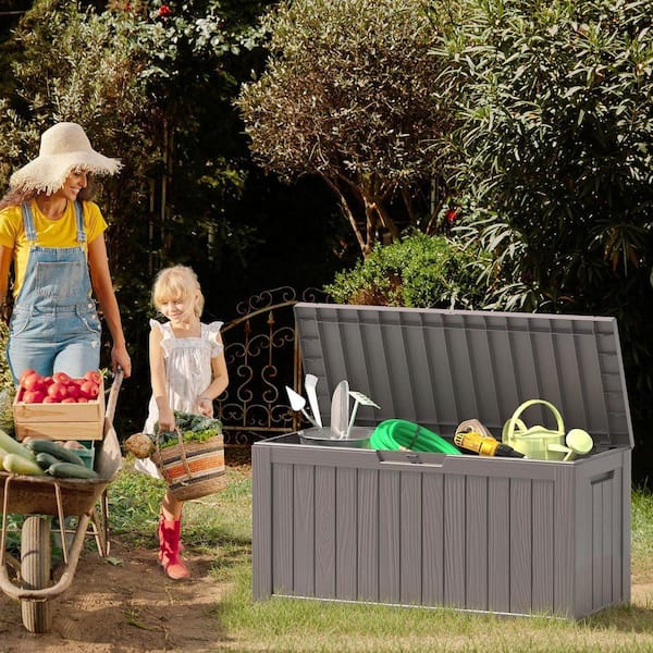 75 Gal. Gray Storage Box, Resin Waterproof Outside Deck Box, Package Delivery Garden Hose Storage Bin Outdoor Tool