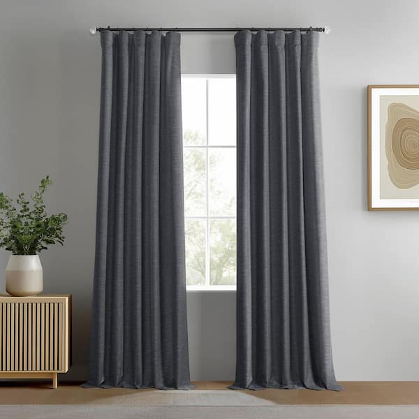Rustic Charcoal Gray Boho Chic Faux Linen 50 in. W x 84 in. L Rod Pocket Blackout Curtain Pair (Set of 2)