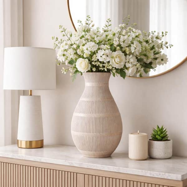 Sagebrook Home Terracotta 19 in. Organic Vase With Lines Ivory