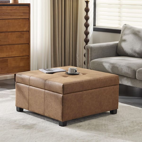Carlsbad Modern Brown Faux Leather Upholstered Square Tufted Storage Accent Ottoman with Solid Wood Legs