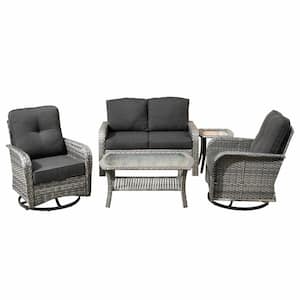 Denali Gray 5-Piece 4-Seat Wicker Modern Outdoor Patio Conversation Sofa Swivel Chair Set with Black Cushions