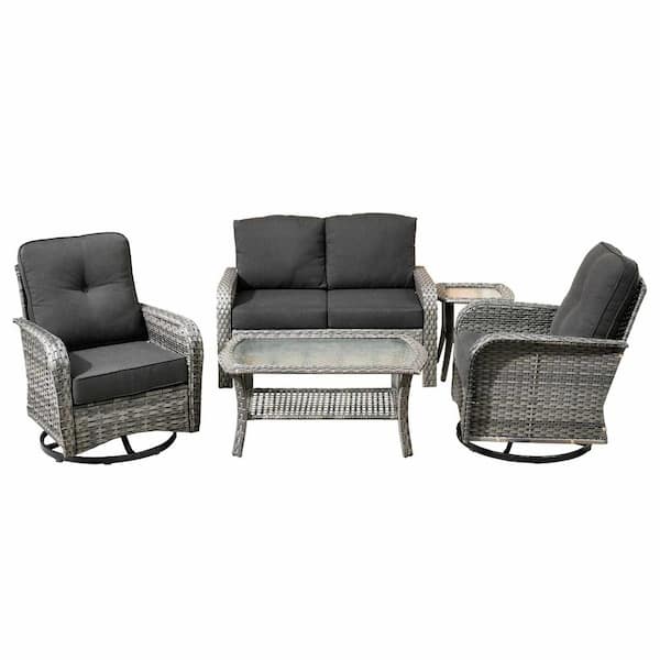 Denali Gray 5-Piece 4-Seat Wicker Modern Outdoor Patio Conversation Sofa Swivel Chair Set with Black Cushions