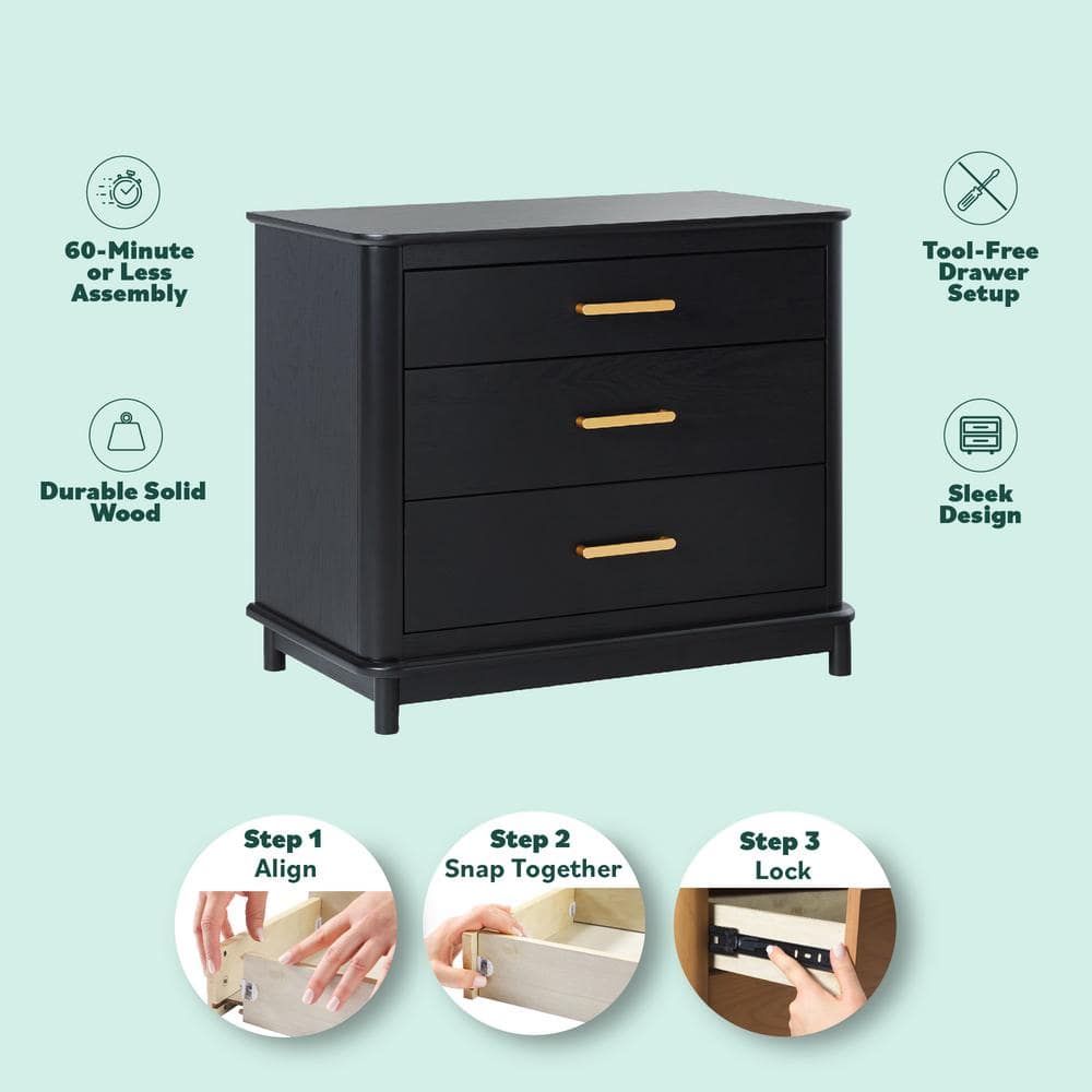 Black Solid Wood 3-Drawer Nightstand with Gold Handles