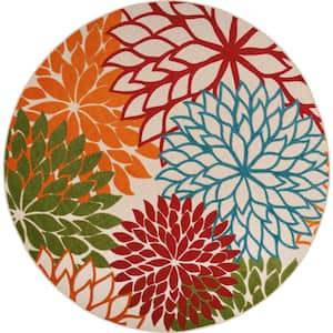 Aloha Green 8 ft. x 8 ft. Round Floral Modern Indoor/Outdoor Patio Area Rug