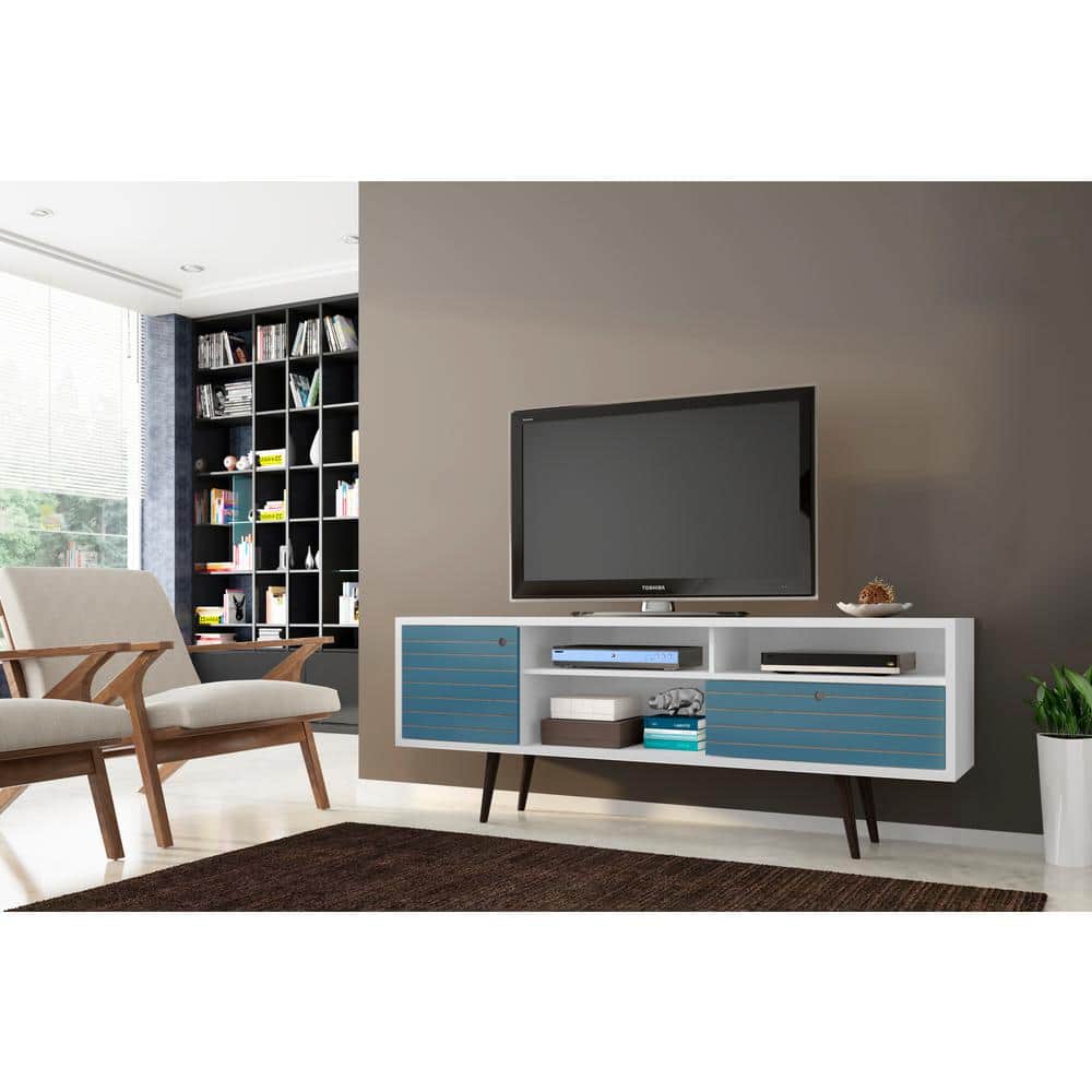 White and Aqua Blue Mid-Century Modern TV Stand with Cabinet