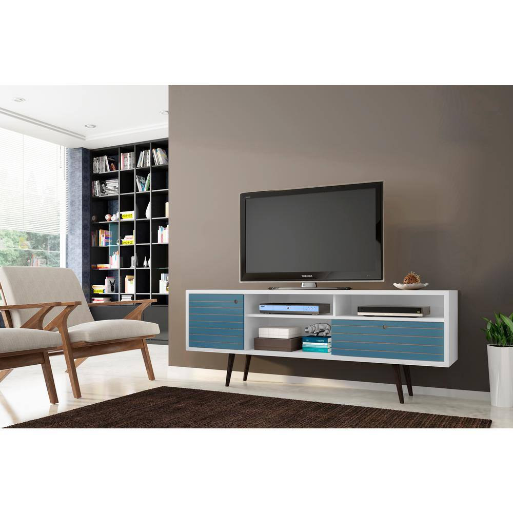 White and Aqua Blue Mid-Century Modern TV Stand with Cabinet