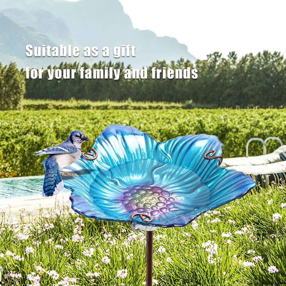 Blue Glass Flower Bird Bath with Metal Stake