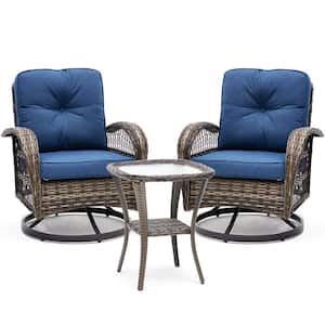 3-Piece Wicker Patio Conversation Set with Navy Cushions
