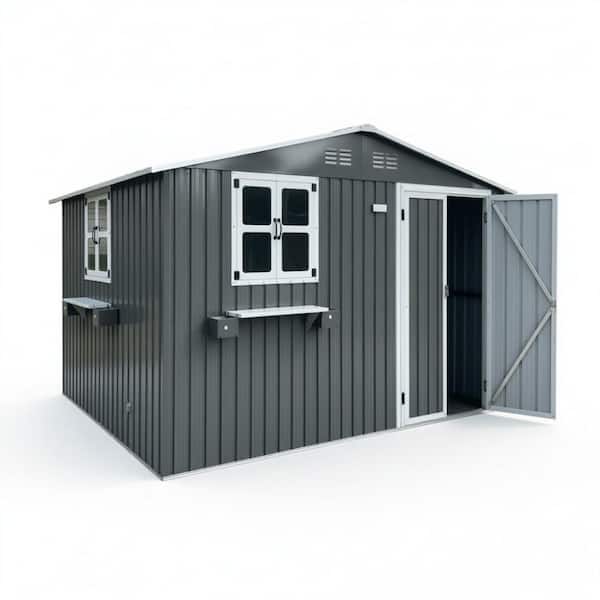 10x8 FT Gray Metal Heavy Duty Outdoor Storage Shed with 3 Windows