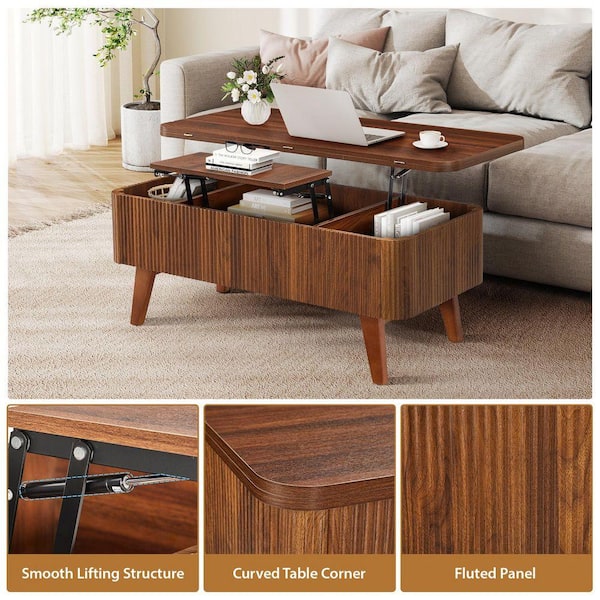 ATHMILE 42. 91 in. L Walnut Oval MDF Coffee Table With Built-in