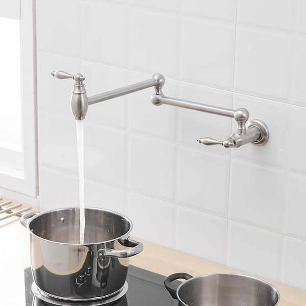 Wall Mount Pot Filler 2 Handles with Double Joint Swing Arms in Brushed Nickel