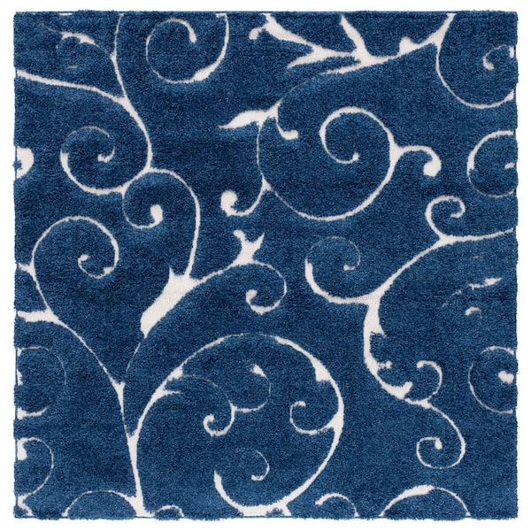 Florida Shag 11 ft. x 11 ft. Dark Blue/Cream Scroll Square Rug