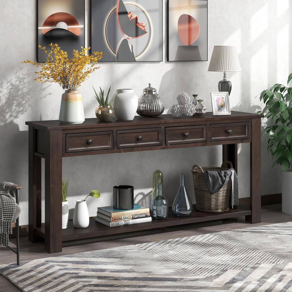 63 in.Espresso Rectangle Wood Long Console Table with 4 Drawers and Bottom Shelf, Sofa Table for Entryway Hallway price history on PriceWatchPro