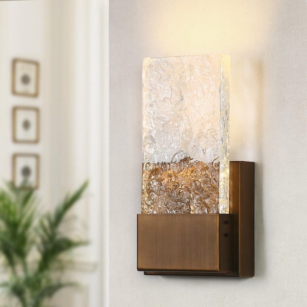 Uolfin 1-Light Brushed Aged Brass LED Wall Sconce with Textured Glass Shade