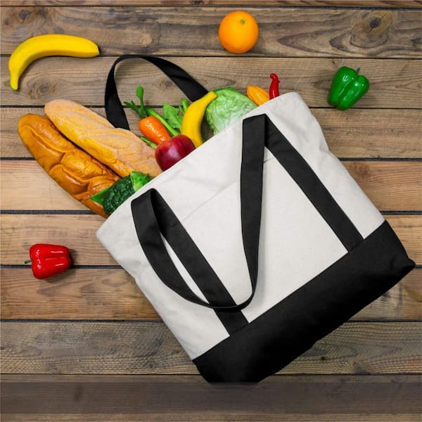 1 Pack Black Reusable Grocery Bag with an External Pocket and Top Zipper Closure