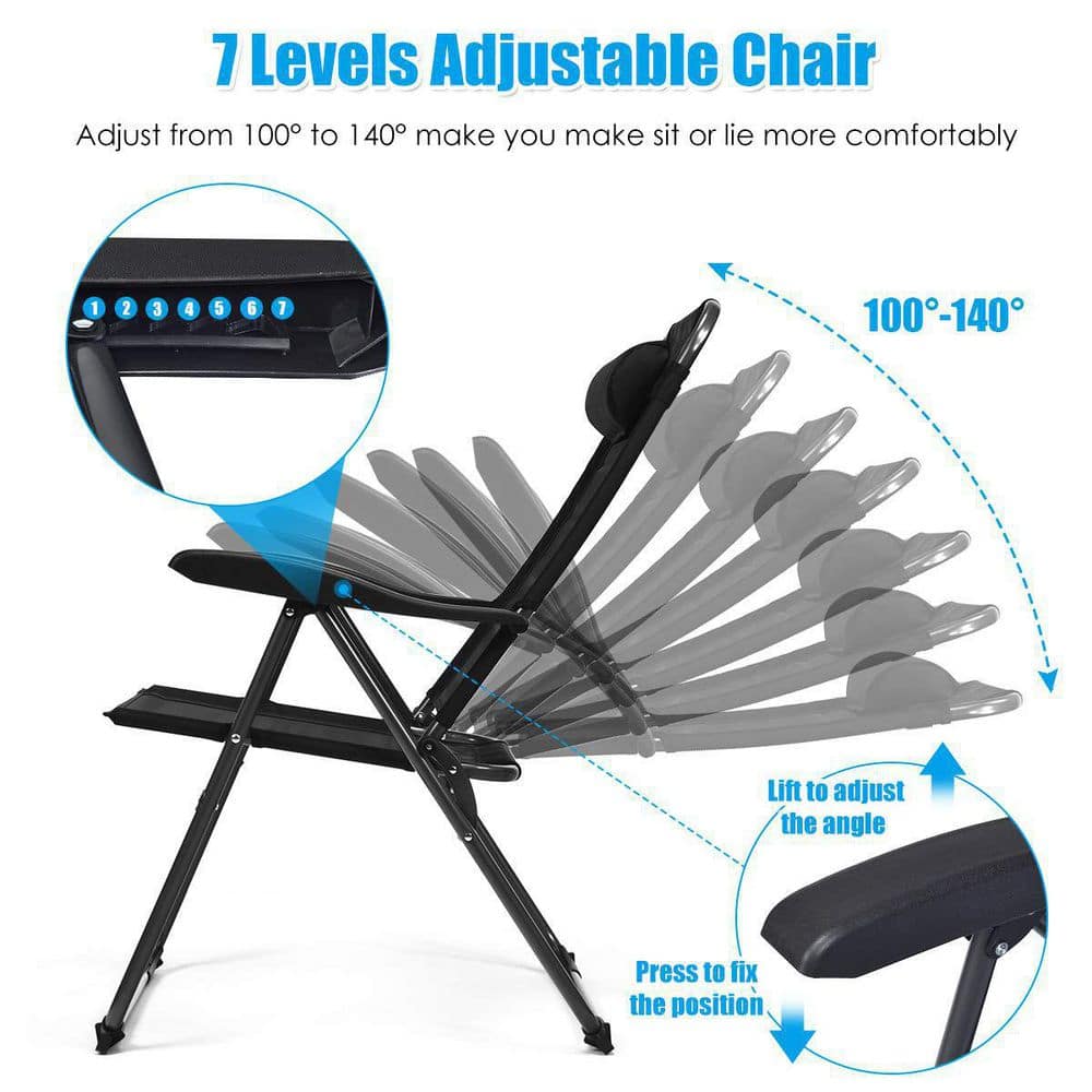 Black Adjustable Reclining Folding Patio Chairs with Headrests, Set of 4