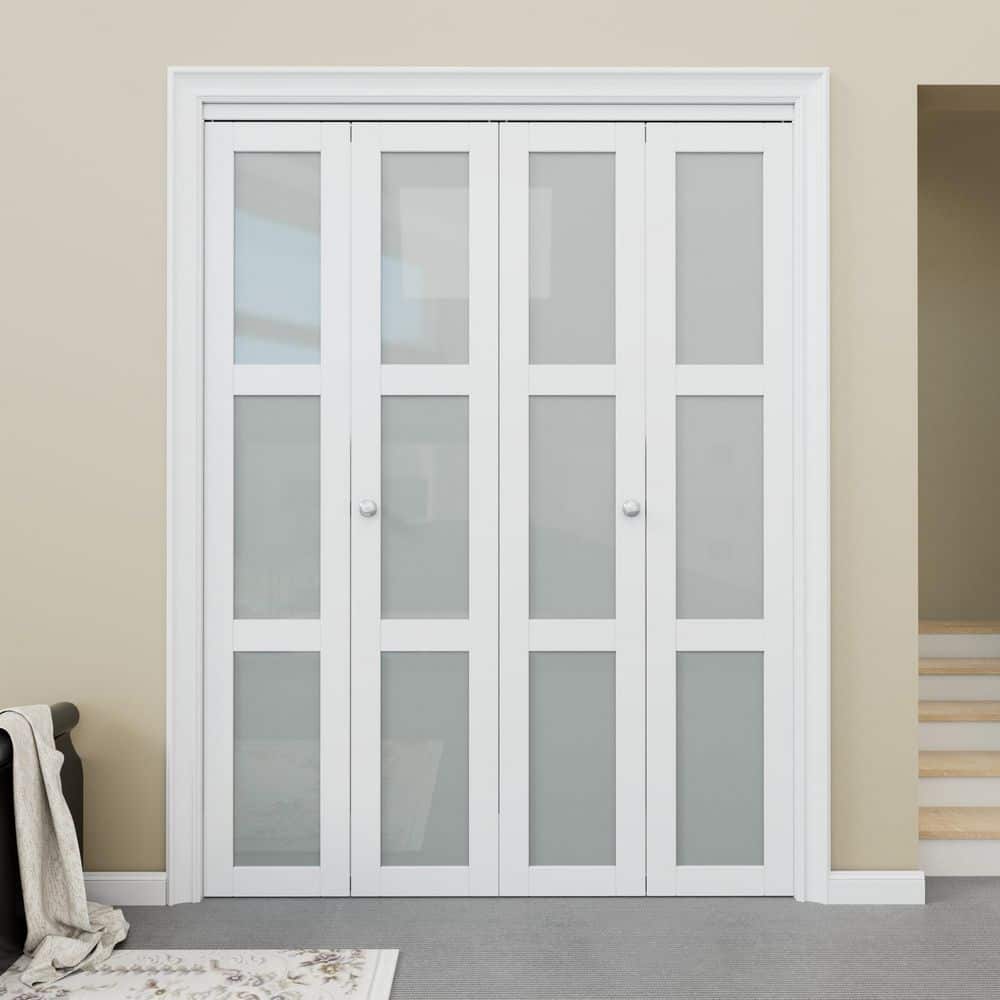 60 in. x 80 in. White MDF Bi-Fold Door with Frosted Glass Panels