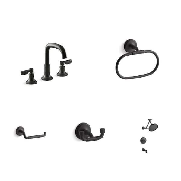 Paces Matte Black Bathroom Faucet, Towel Ring, Toilet Paper Holder, Robe Hook and Tub/Shower Faucet Combo