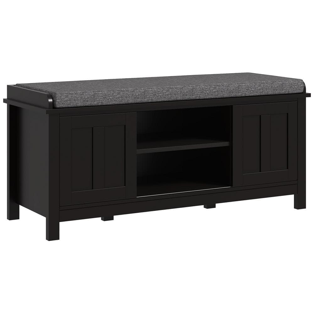 Black Wood Entryway Shoe Storage Bench with Padded Seat