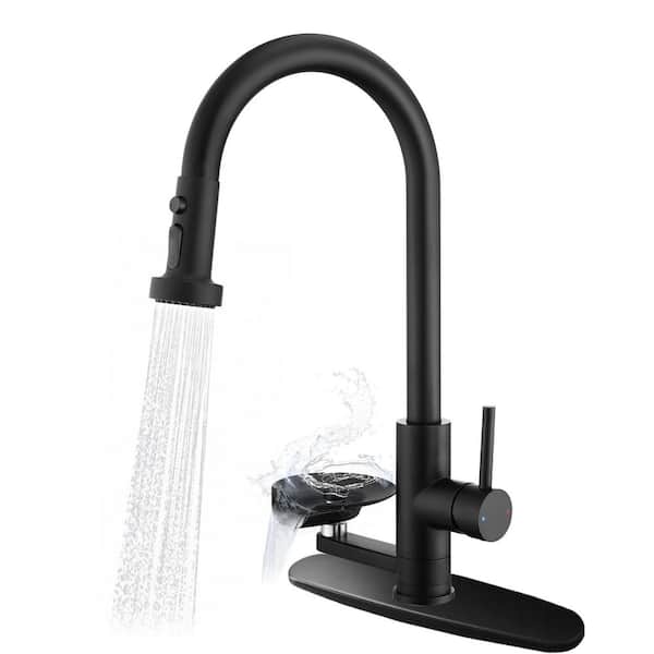 Single Handle 17.71 In. Pull Down Sprayer Kitchen Faucet with Glass Rinser and 360° Swivel Spout in Matte Black