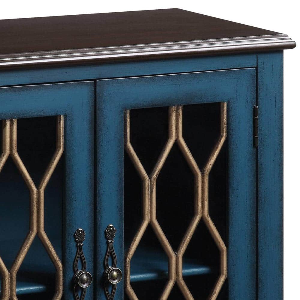 Antique Blue Wooden Console Table with Glass Accents and Storage