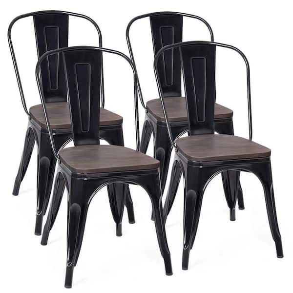 Costway Black Metal Wood Stackable Dining Chair Bistro Side Stool (Set of 4)