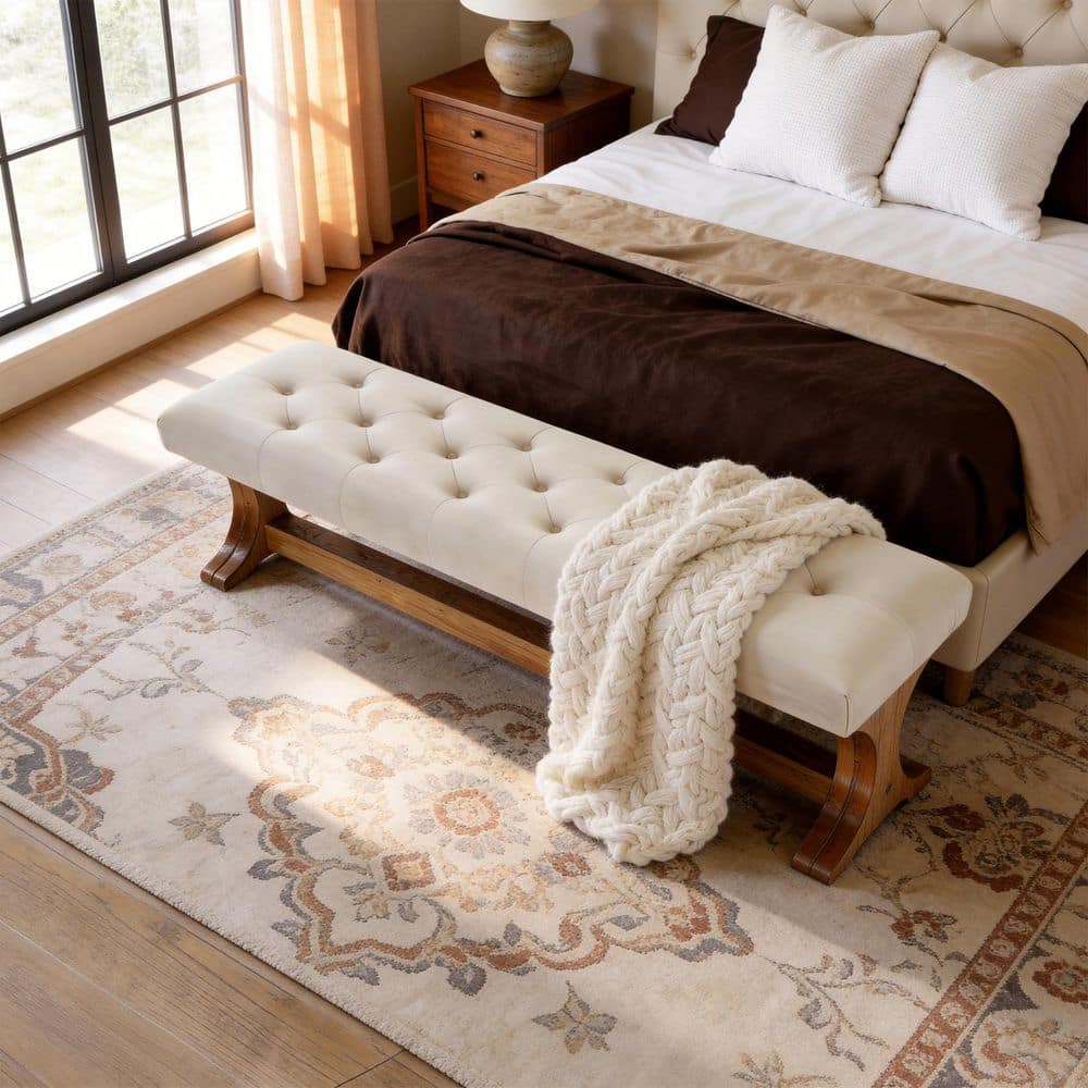 55.5 in. WhiteandBrown Solid Wood Long Entryway Bench with Cushion, Accent Bench Seat for Bedroom, Entryway price history on PriceWatchPro