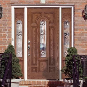 63.5 in.x81.625 in. Medina Zinc Center Arch Lite Stained Medium Oak Left-Hand Fiberglass Prehung Front Door w/Sidelites