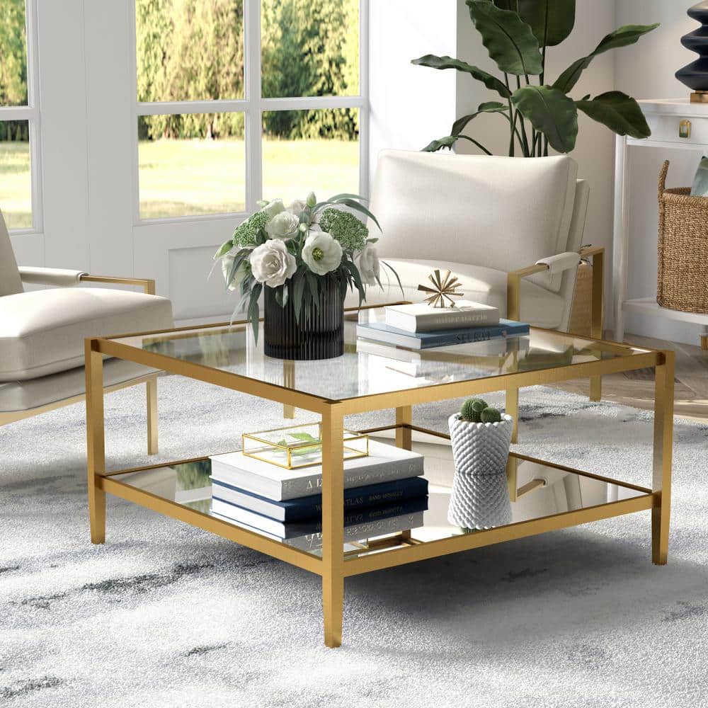 Hera Antique Brass 32" Square Coffee Table with Mirrored Shelf