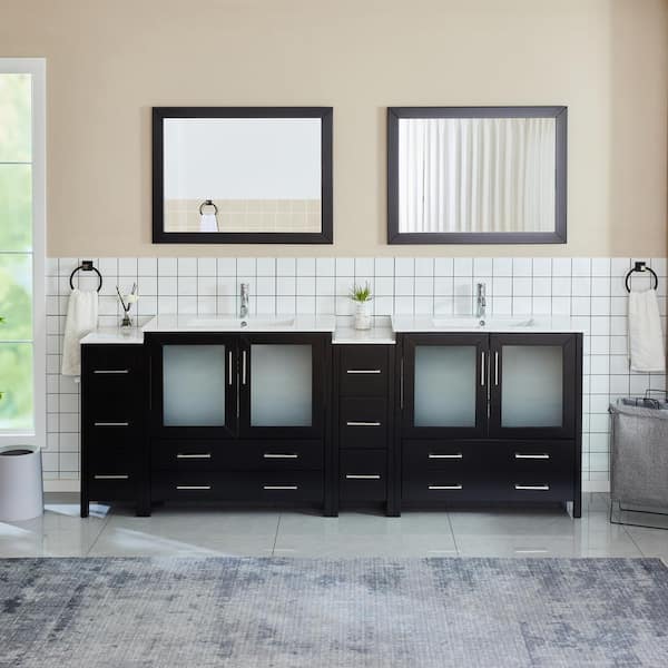 Brescia 96 in. W x 18 in. D x 36 in. H Bathroom Vanity in Espresso with Double Basin Top in White Ceramic and Mirrors