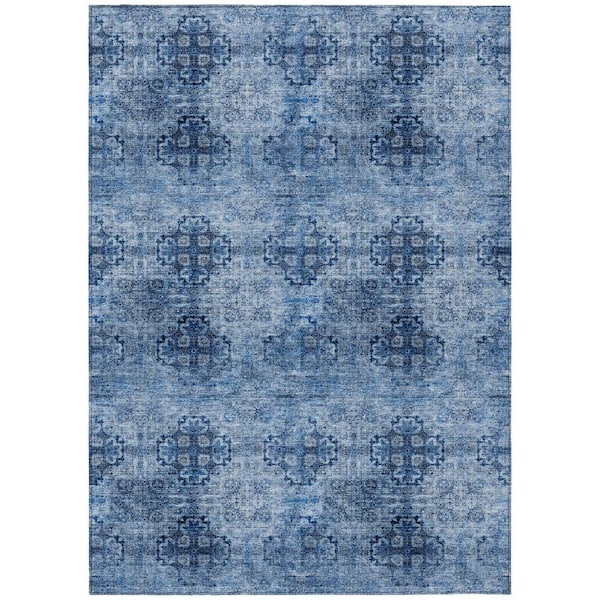 Navy Blue 9 ft. x 12 ft. Woven Floral;Medallion Polyester Rectangle Indoor / Outdoor Area Rug