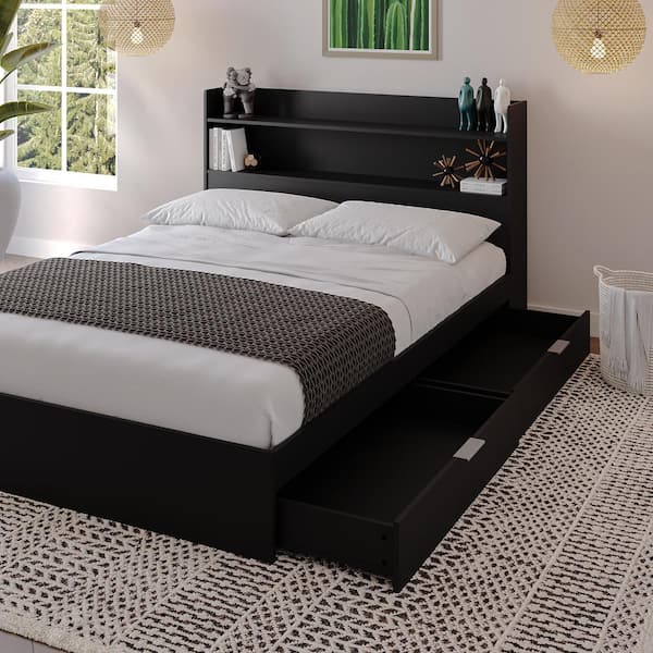 Nexera Hunter Black Frame Queen Size 2 Drawer Platform Bed with Bookcase Headboard 403980 The Home Depot