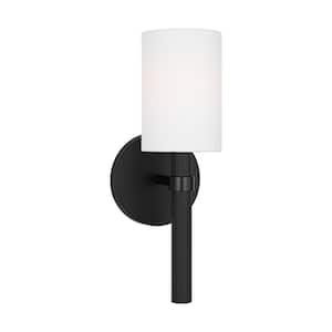 Manor Small 1-Light Midnight Black Wall Sconce with a White Linen Fabric Shade