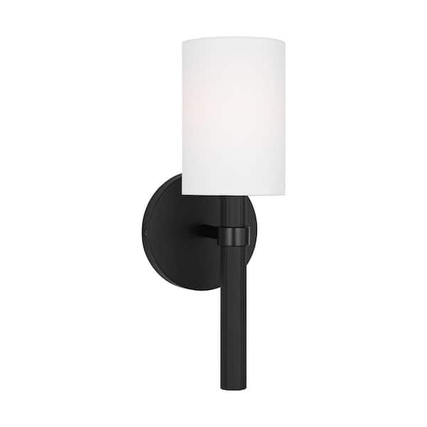 SCOTT LIVING Manor Small 1-Light Midnight Black Wall Sconce with a White Linen Fabric Shade
