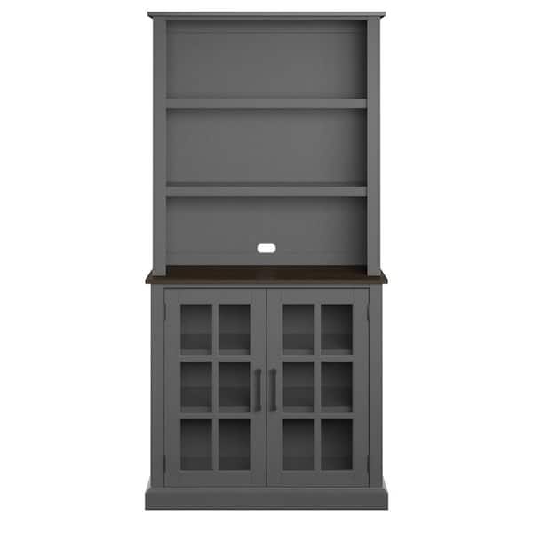 Twin Star Home Antique Gray Buffet and Hutch with Framed Glass Doors and Shelves