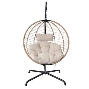 Drift Outdoor Patio Metal Porch Swing Hanging Basket Chair with Stand, Iron, PE Rattan, Beige + Brown