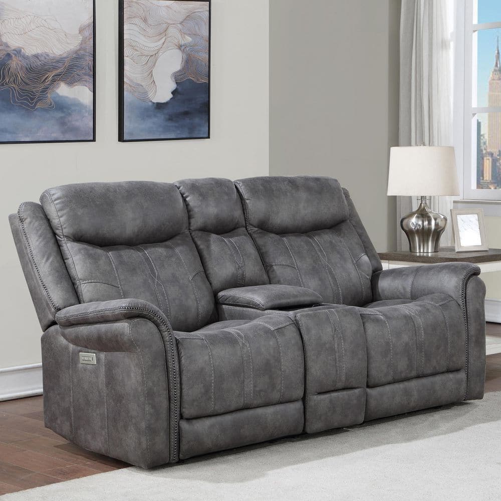 Gray Faux Suede Power Reclining Loveseat with Storage
