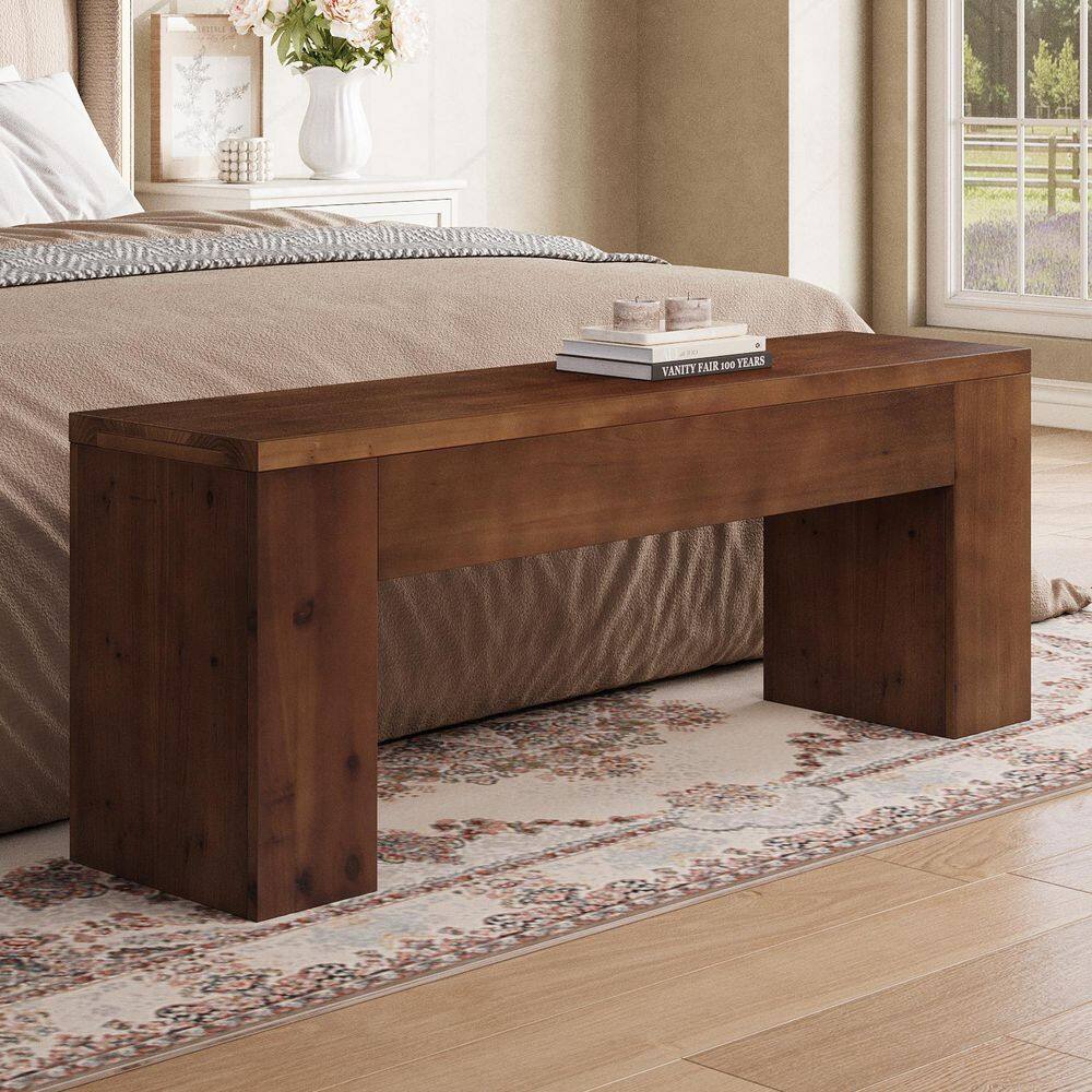 Brown Rectangle Solid Wood 47.24 in. Bed Bench, Farmhouse Entryway Bench Indoor for Foyer, Hallway, Living Room Bedroom