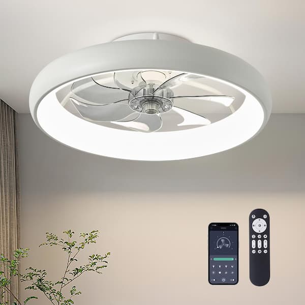 20 Inch White Low Profile Flush Mount Modern Smart Ceiling Fan with Dimmable LED Lights Remote 6 Wind Speeds for Bedroom