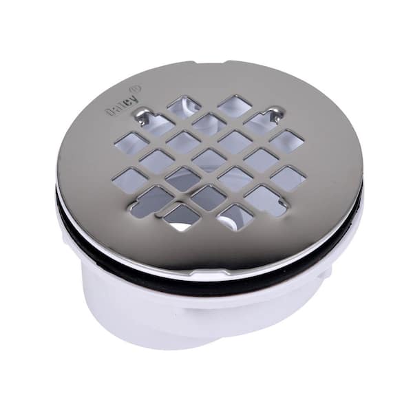 Oatey Round Offset White PVC Shower Drain with 4-1/4 in. Round Snap-In Stainless Steel Drain Cover