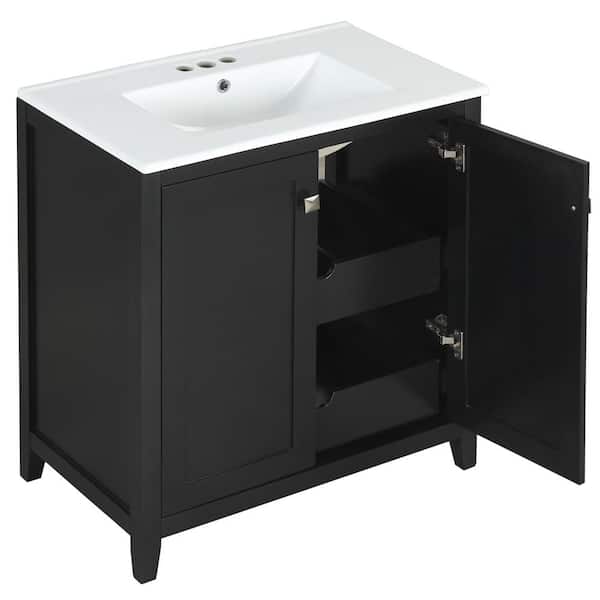 30 in. W x 18 in. D x 34.1 in. H Freestanding Bathroom Vanity Combo with White Ceramic Sink, Doors, Black