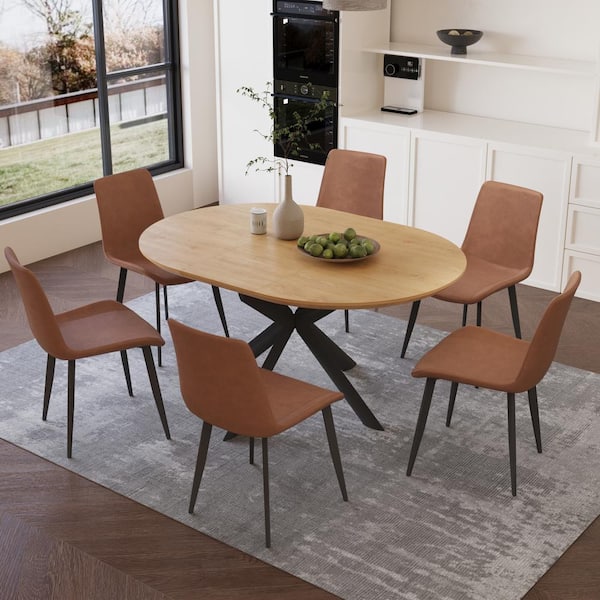 GOJANE 7-Piece Set of 6 Brown Chairs and Oval Dining Table, Dining Table Set, Dining Room Set with 6 Modern Chairs