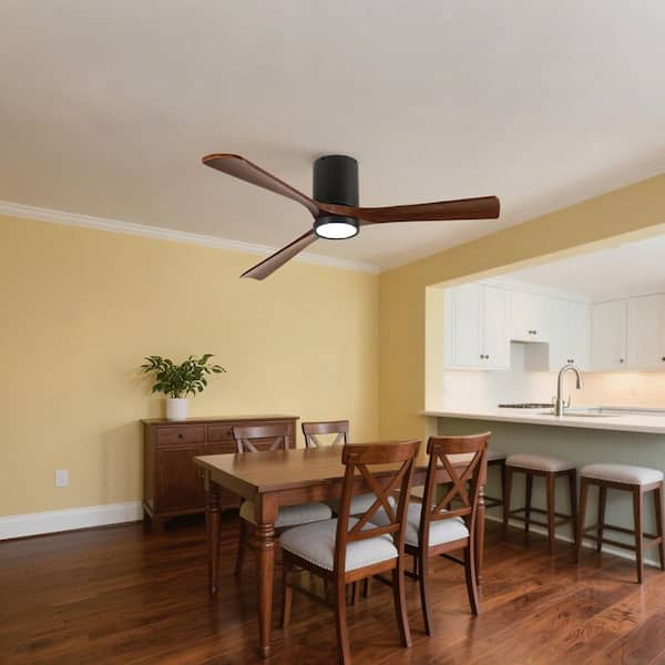42 in. Smart Black 6-Speed Solid Wood Brown Blade Flush Mount Ceiling Fan with 3-Color LED Light and APP, Remote Control