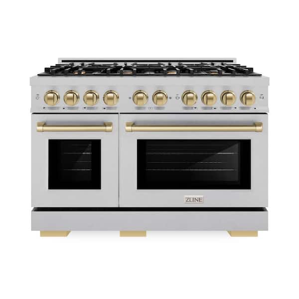 ZLINE Kitchen and Bath Autograph 48 in. Select Double Oven Gas Range with 8 Burner Cooktop in Satin Steel and Champagne Bronze Accents