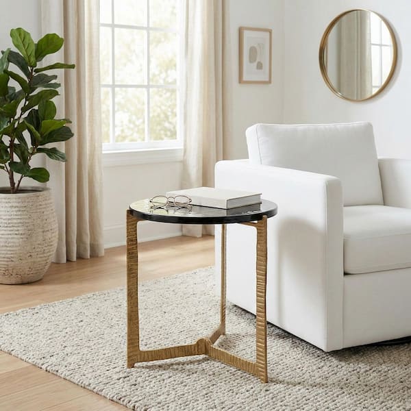 Liv & Skye 18 in. Gold Round Glass Wide Metal Base Modern End