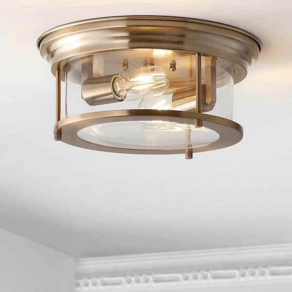 JONATHAN Y Lauren Brass Gold 13.25 in. Metal/Glass LED Flushmount