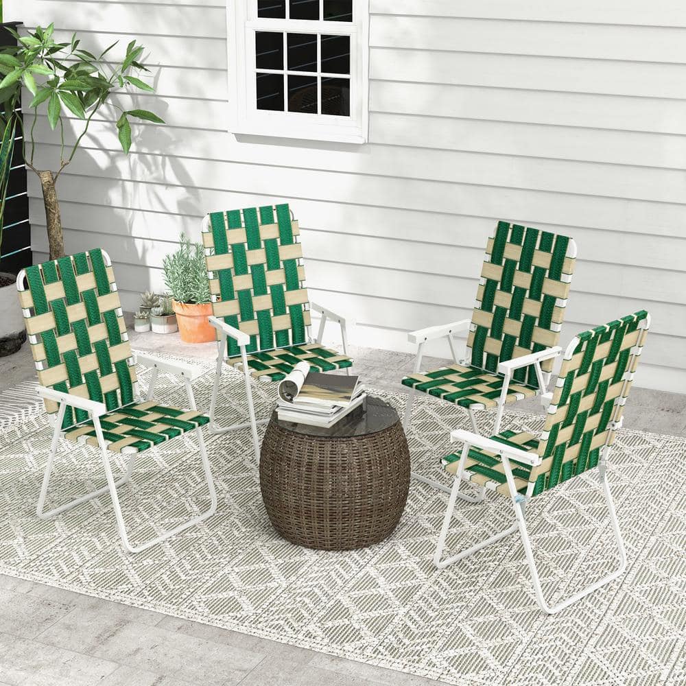 Set of 4 Green Woven Strap Folding Camping Chairs with Armrests