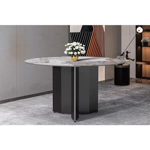Zevro Mid-Century Modern Medium Grey Sintered Stone Top 60 in. Pedestal Dining Table Seats 6
