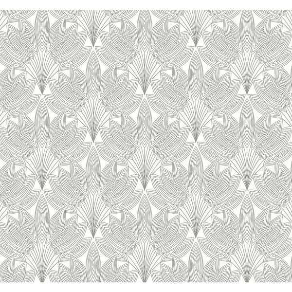 NextWall Metallic Silver Peacock Leaves Vinyl Peel and Stick Wallpaper Roll 40.5 sq. ft.