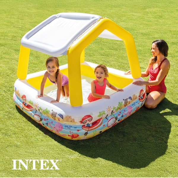 Intex - Square 62 in. x 48 in. Deep Inflatable Ocean Scene Sun Shade Kids Swimming Pool with Canopy
